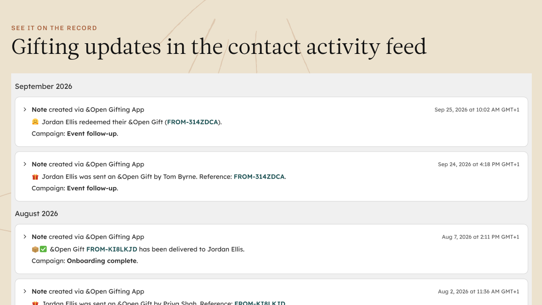 Gifting updates in the contact activity feed